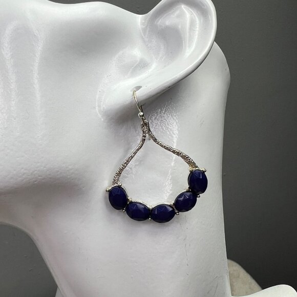 Dark Blue Dangle Earrings Silver Tone Hook Teardrop Oblong - Picture 2 of 5